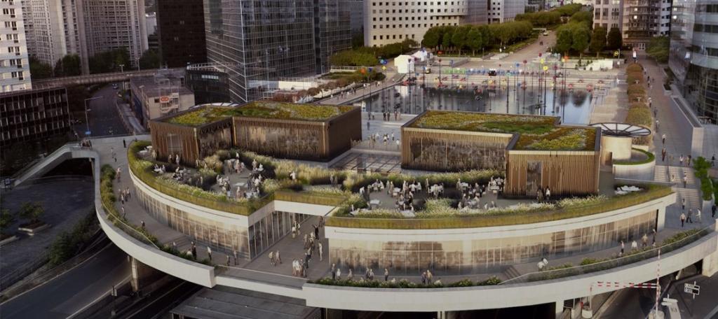Toit plat végétalisé face tours de la Défense inspiration architecture